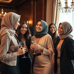 A stylish and elegant representation of a beautiful Muslim woman dressed in a fashionable, contemporary outfit, engaging in a playful interaction with other alluring women at a sophisticated gathering