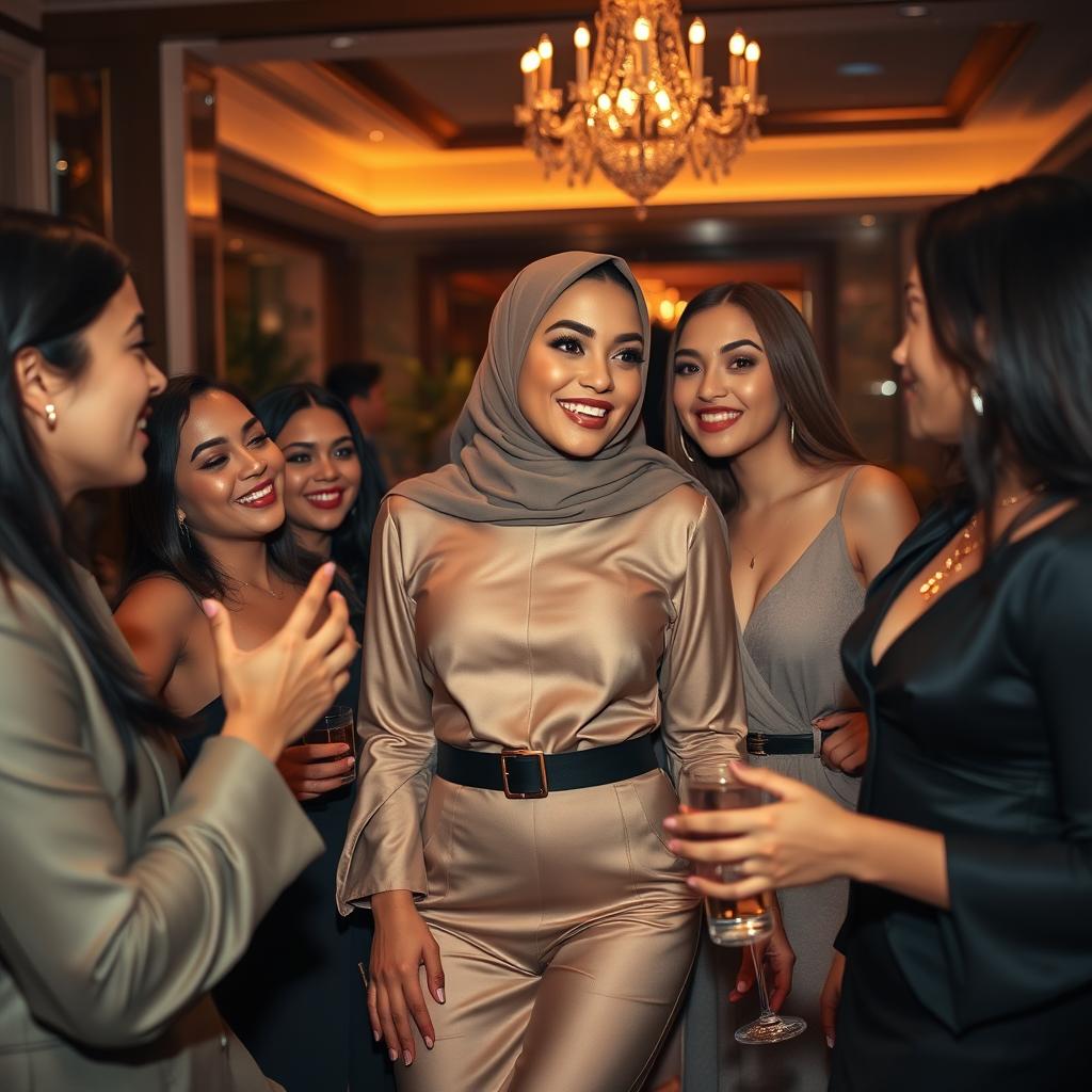 A stylish and elegant representation of a beautiful Muslim woman dressed in a fashionable, contemporary outfit, engaging in a playful interaction with other alluring women at a sophisticated gathering