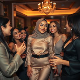 A stylish and elegant representation of a beautiful Muslim woman dressed in a fashionable, contemporary outfit, engaging in a playful interaction with other alluring women at a sophisticated gathering