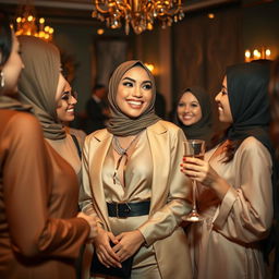 A stylish and elegant representation of a beautiful Muslim woman dressed in a fashionable, contemporary outfit, engaging in a playful interaction with other alluring women at a sophisticated gathering