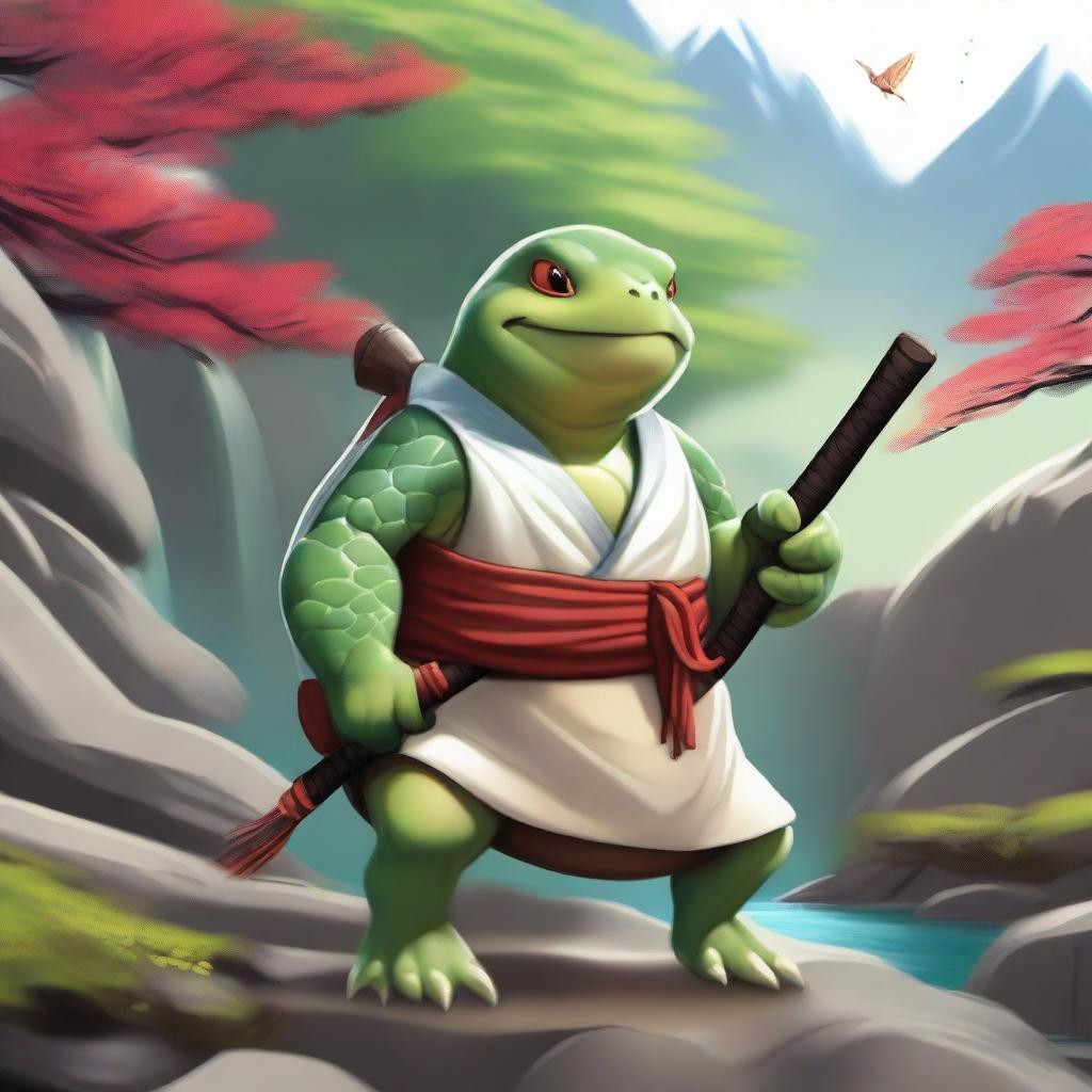 A high-quality digital painting showcases an anthropomorphic tortle, dressed as a shinto priest, standing in a beautifully detailed Japanese rock garden