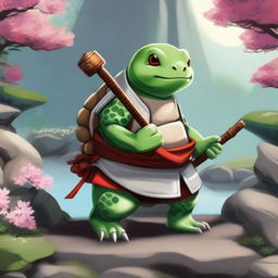 A high-quality digital painting showcases an anthropomorphic tortle, dressed as a shinto priest, standing in a beautifully detailed Japanese rock garden