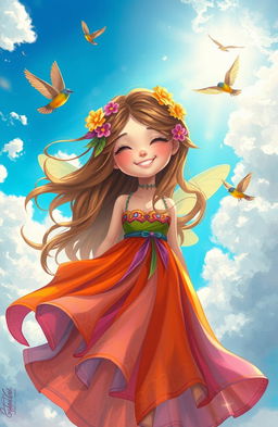 A whimsical digital painting of a fairy tale girl, with flowing hair adorned with flowers, wearing a colorful, flowing dress that swirls around her
