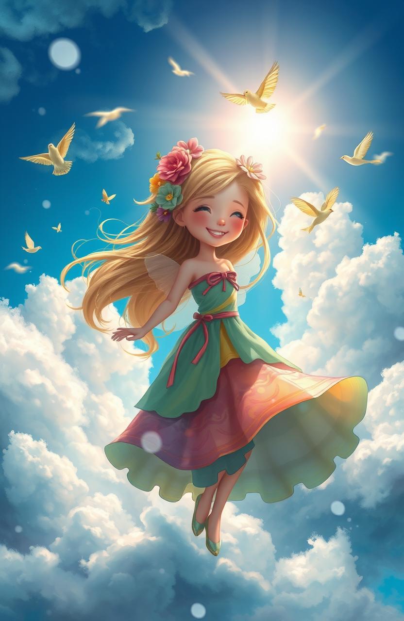 A whimsical digital painting of a fairy tale girl, with flowing hair adorned with flowers, wearing a colorful, flowing dress that swirls around her