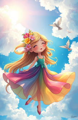 A whimsical digital painting of a fairy tale girl, with flowing hair adorned with flowers, wearing a colorful, flowing dress that swirls around her