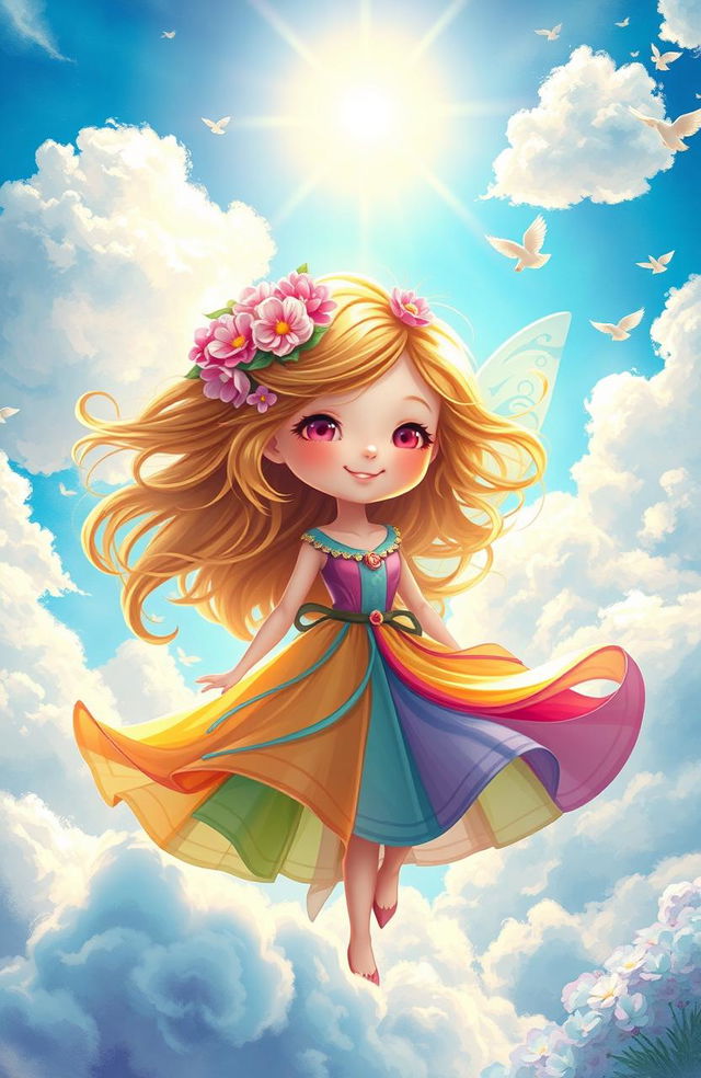 A whimsical digital painting of a fairy tale girl, with flowing hair adorned with flowers, wearing a colorful, flowing dress that swirls around her