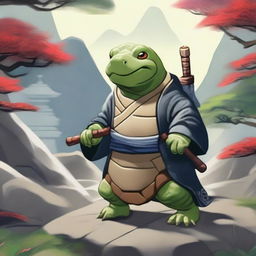 A high-quality digital painting showcases an anthropomorphic tortle, dressed as a shinto priest, standing in a beautifully detailed Japanese rock garden