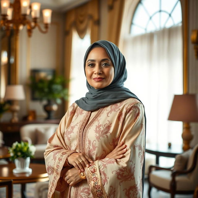 A sophisticated, elegant middle-aged Muslim woman, around 60 years old, gracefully dressed in a beautifully designed traditional outfit that incorporates elements of modern fashion