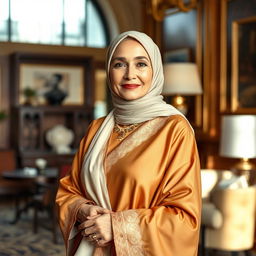 A sophisticated, elegant middle-aged Muslim woman, around 60 years old, gracefully dressed in a beautifully designed traditional outfit that incorporates elements of modern fashion