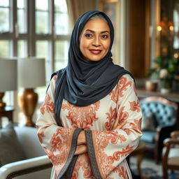 A sophisticated, elegant middle-aged Muslim woman, around 60 years old, gracefully dressed in a beautifully designed traditional outfit that incorporates elements of modern fashion