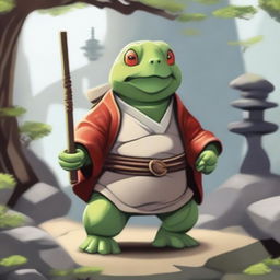 A high-quality digital painting showcases an anthropomorphic tortle, dressed as a shinto priest, standing in a beautifully detailed Japanese rock garden