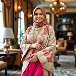 A sophisticated, elegant middle-aged Muslim woman, around 60 years old, gracefully dressed in a beautifully designed traditional outfit that incorporates elements of modern fashion