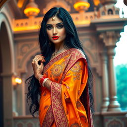 A beautiful Indian woman with long black hair, wearing a vibrant, intricately designed traditional saree that accentuates her curves