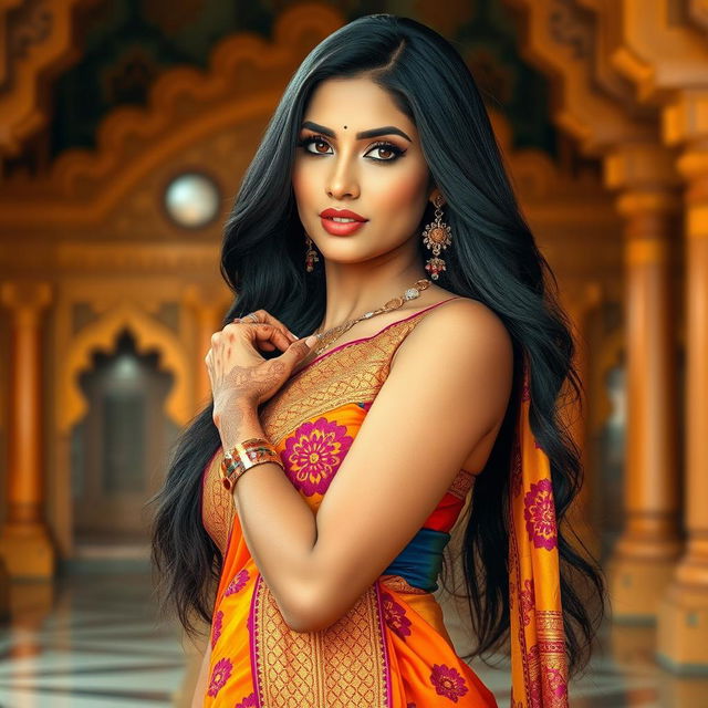 A beautiful Indian woman with long black hair, wearing a vibrant, intricately designed traditional saree that accentuates her curves