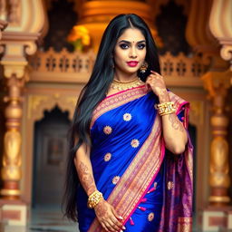 A beautiful Indian woman with long black hair, wearing a vibrant, intricately designed traditional saree that accentuates her curves