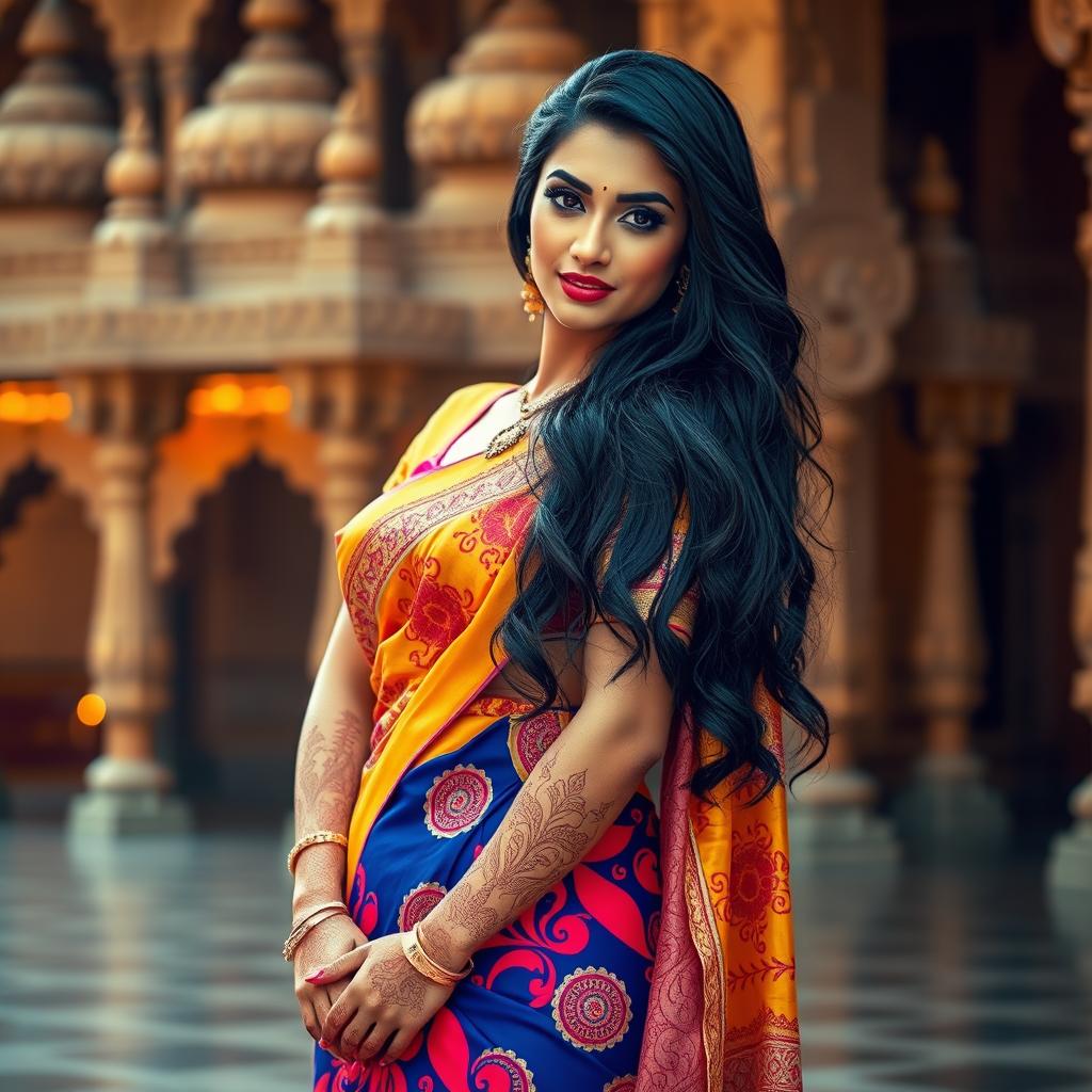 A beautiful Indian woman with long black hair, wearing a vibrant, intricately designed traditional saree that accentuates her curves