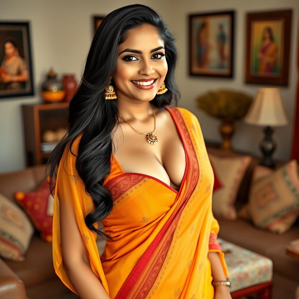 An attractive Indian housewife, confidently showcasing her style, dressed in a form-fitting, colorful traditional outfit that highlights her curves and beautiful cleavage