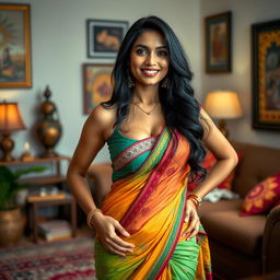 An attractive Indian housewife, confidently showcasing her style, dressed in a form-fitting, colorful traditional outfit that highlights her curves and beautiful cleavage