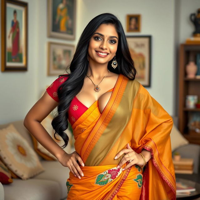 An attractive Indian housewife, confidently showcasing her style, dressed in a form-fitting, colorful traditional outfit that highlights her curves and beautiful cleavage