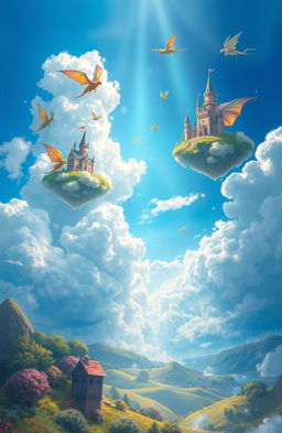 A digital painting depicting enchanting fairytales unfolding against a beautiful cloudy blue sky