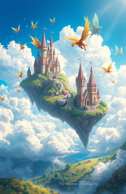 A digital painting depicting enchanting fairytales unfolding against a beautiful cloudy blue sky