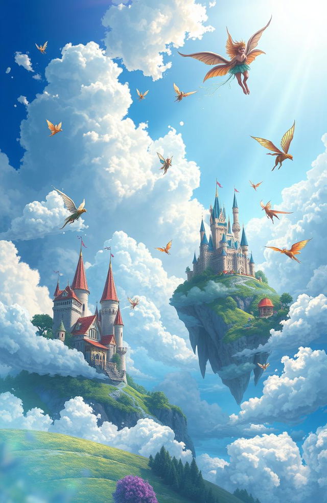 A digital painting depicting enchanting fairytales unfolding against a beautiful cloudy blue sky