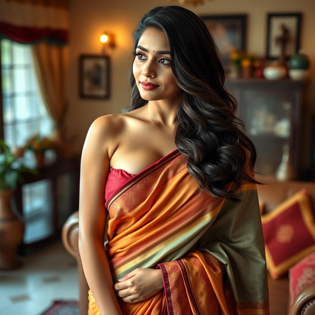 A stunning Indian housewife wearing a beautifully draped saree that elegantly highlights her curves