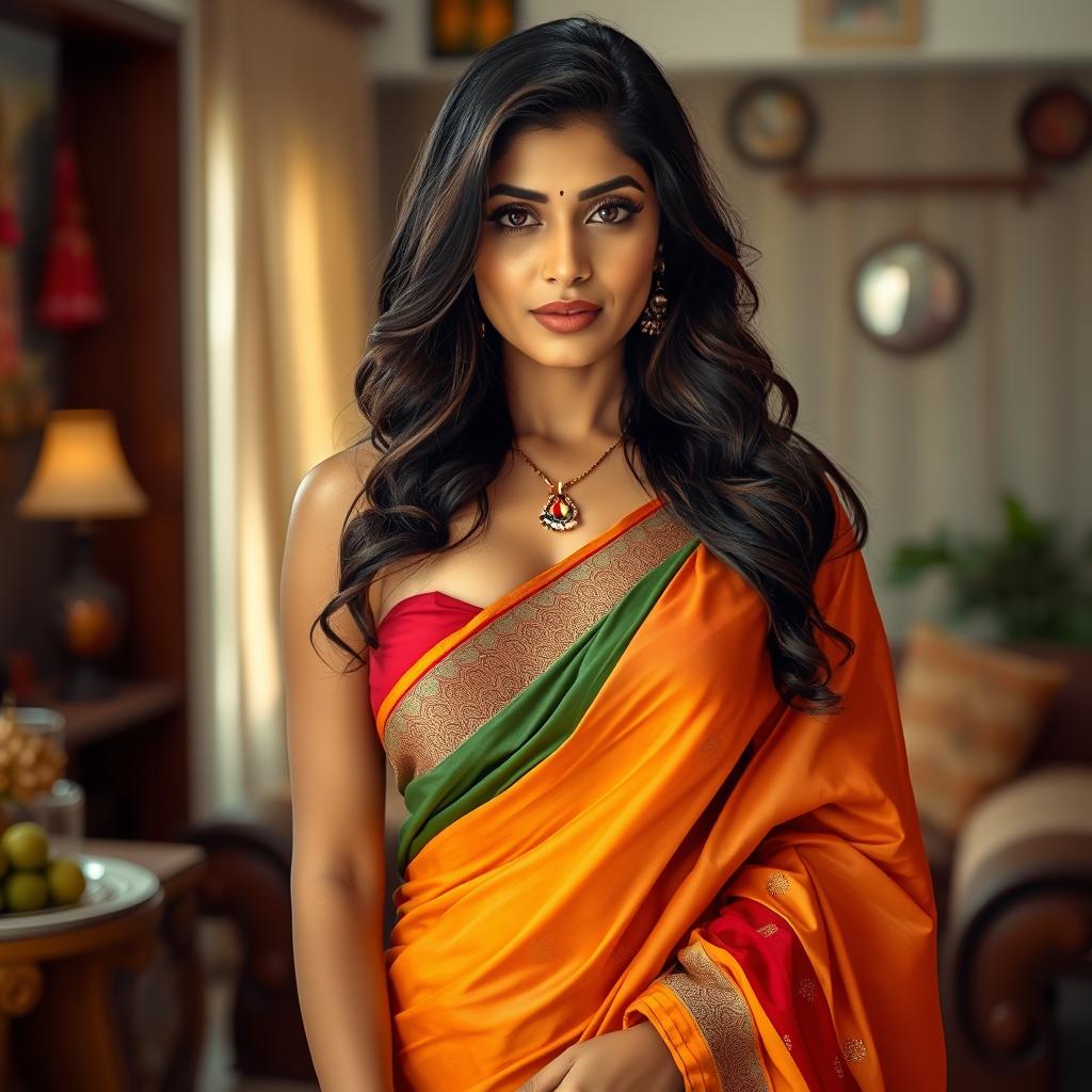 A stunning Indian housewife wearing a beautifully draped saree that elegantly highlights her curves