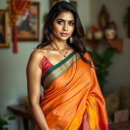 A stunning Indian housewife wearing a beautifully draped saree that elegantly highlights her curves