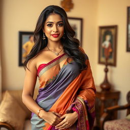 A stunning Indian housewife wearing a beautifully draped saree that elegantly highlights her curves