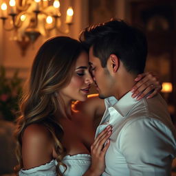 A suggestive yet tasteful scene capturing an intimate moment between a couple in a romantic setting, with soft lighting and a warm atmosphere