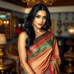 A stunning portrayal of an Indian actress wearing a luxurious saree, elegantly draped around her body, showcasing intricate patterns and vibrant colors