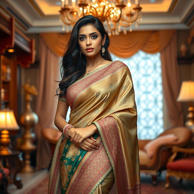 A stunning portrayal of an Indian actress wearing a luxurious saree, elegantly draped around her body, showcasing intricate patterns and vibrant colors