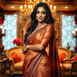 A stunning portrayal of an Indian actress wearing a luxurious saree, elegantly draped around her body, showcasing intricate patterns and vibrant colors