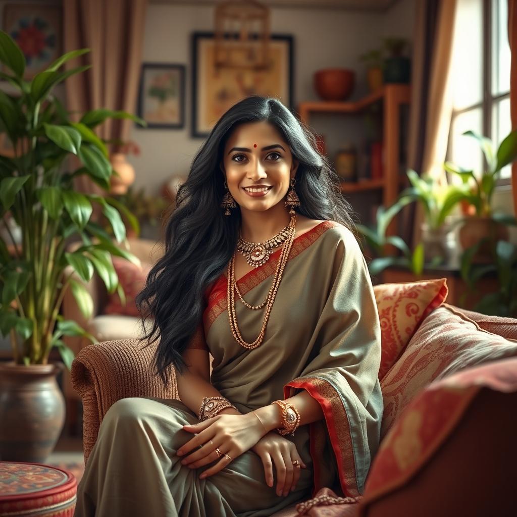 A tasteful artistic representation of an Indian housewife in a serene domestic setting, emphasizing her beauty and grace