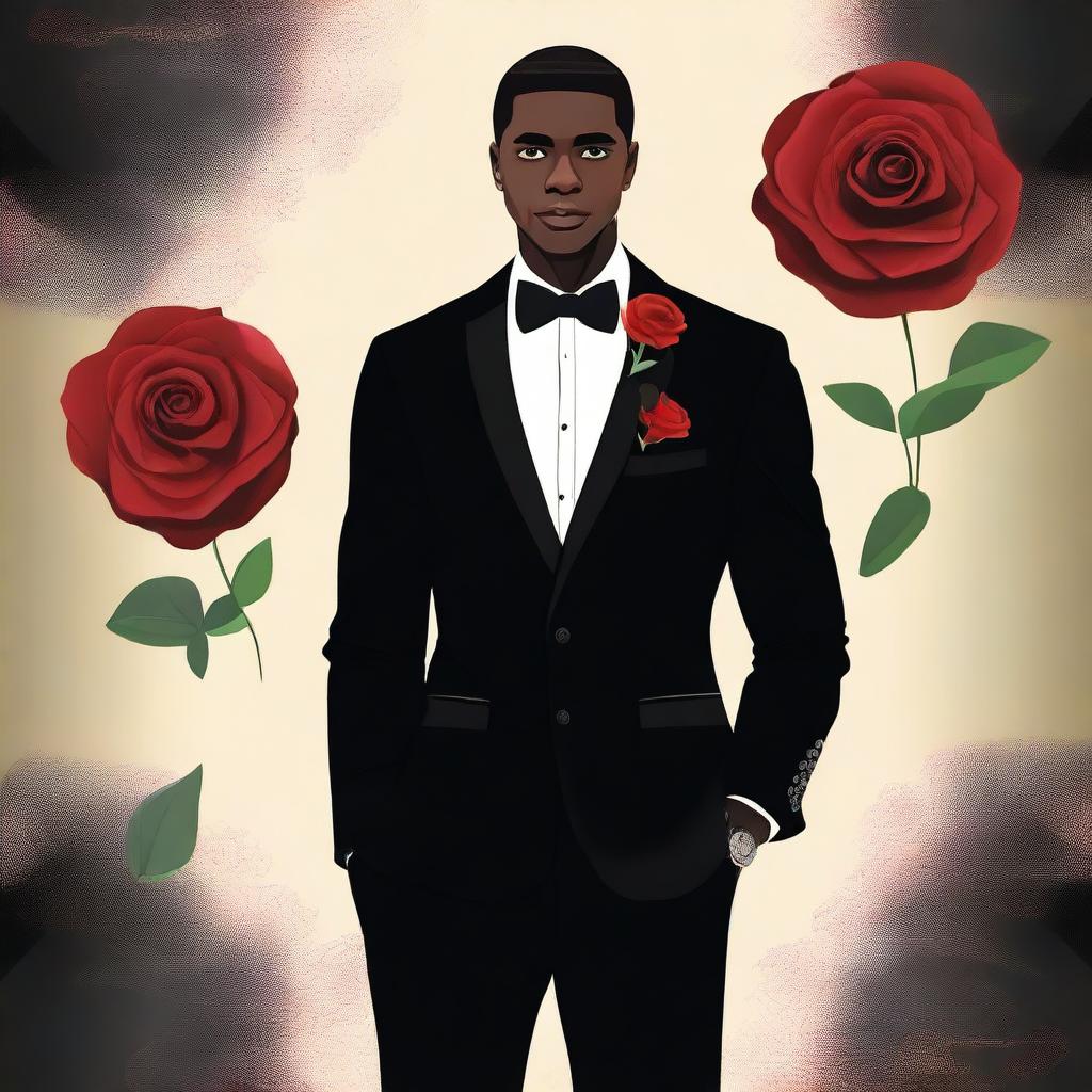 A digital art image of a slim African man, dressed elegantly for a school farewell