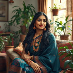 A tasteful artistic representation of an Indian housewife in a serene domestic setting, emphasizing her beauty and grace