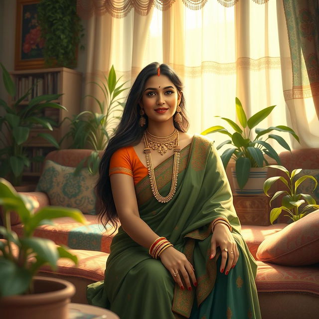 A tasteful artistic representation of an Indian housewife in a serene domestic setting, emphasizing her beauty and grace