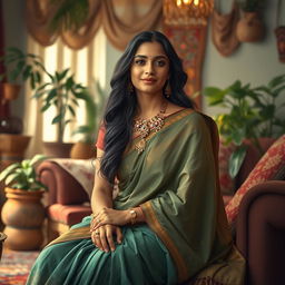 A tasteful artistic representation of an Indian housewife in a serene domestic setting, emphasizing her beauty and grace