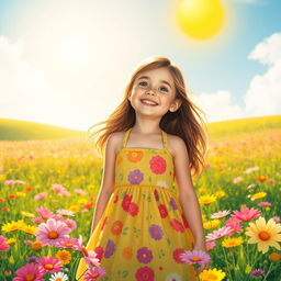 A vibrant scene featuring a girl in a colorful summer dress, standing in a flower-filled meadow