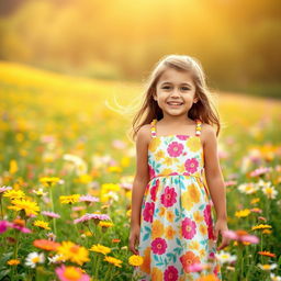 A vibrant scene featuring a girl in a colorful summer dress, standing in a flower-filled meadow