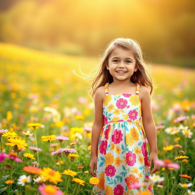 A vibrant scene featuring a girl in a colorful summer dress, standing in a flower-filled meadow