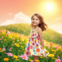 A vibrant scene featuring a girl in a colorful summer dress, standing in a flower-filled meadow