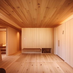 Minimalist interior design with a wooden floor and wooden furniture.