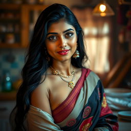 A beautiful Indian housewife depicted in a tasteful and artistic manner, celebrating femininity and natural beauty