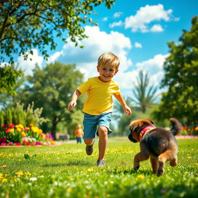 A young boy playing happily in a sunlit park filled with vibrant green grass and colorful flowers