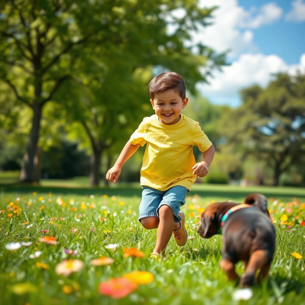 A young boy playing happily in a sunlit park filled with vibrant green grass and colorful flowers