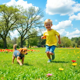 A young boy playing happily in a sunlit park filled with vibrant green grass and colorful flowers