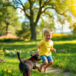 A young boy playing happily in a sunlit park filled with vibrant green grass and colorful flowers