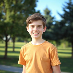A portrait of an average looking teenage boy, with short brown hair and a friendly smile